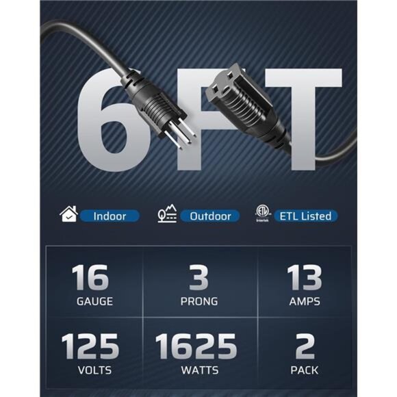 Outdoor Extension Cord 6ft, 3 Prong Waterproof Extension Cable for Lights,Indoor - Picture 2 of 8